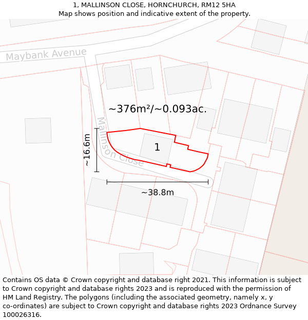 1, MALLINSON CLOSE, HORNCHURCH, RM12 5HA: Plot and title map