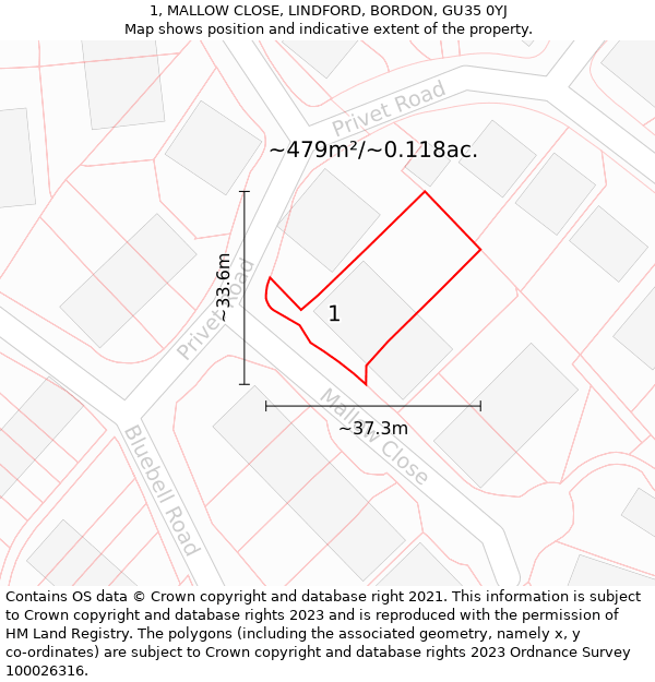 1, MALLOW CLOSE, LINDFORD, BORDON, GU35 0YJ: Plot and title map