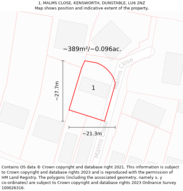 1, MALMS CLOSE, KENSWORTH, DUNSTABLE, LU6 2NZ: Plot and title map