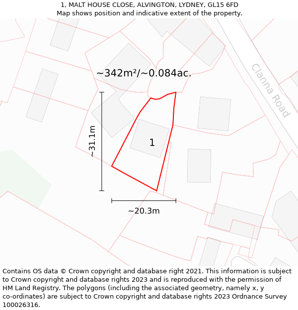 1, MALT HOUSE CLOSE, ALVINGTON, LYDNEY, GL15 6FD: Plot and title map