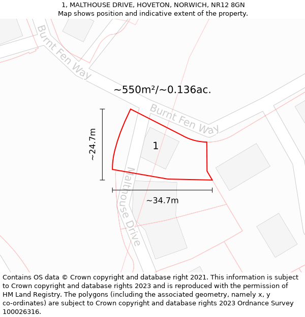 1, MALTHOUSE DRIVE, HOVETON, NORWICH, NR12 8GN: Plot and title map