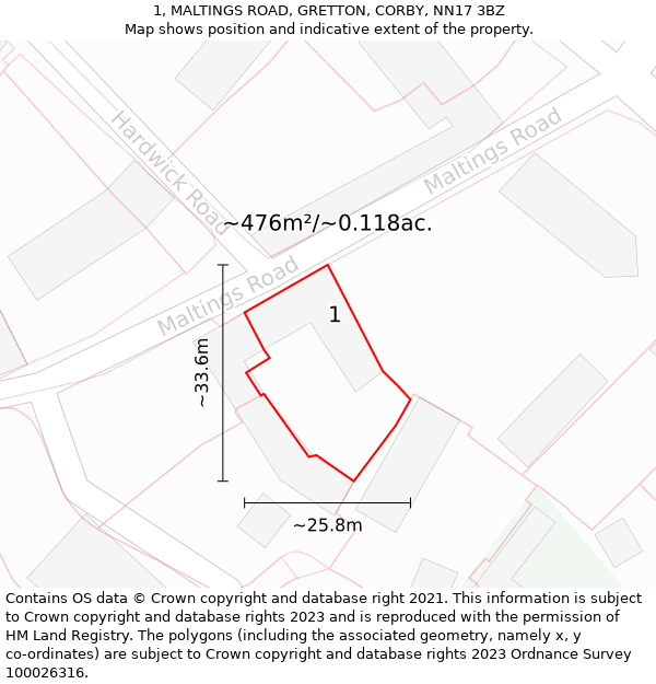 1, MALTINGS ROAD, GRETTON, CORBY, NN17 3BZ: Plot and title map