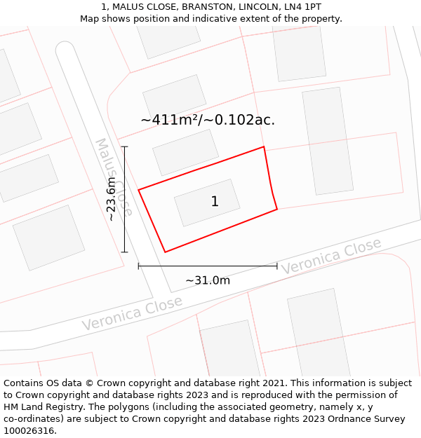 1, MALUS CLOSE, BRANSTON, LINCOLN, LN4 1PT: Plot and title map