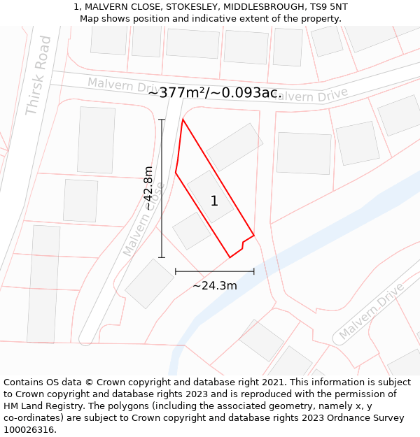 1, MALVERN CLOSE, STOKESLEY, MIDDLESBROUGH, TS9 5NT: Plot and title map