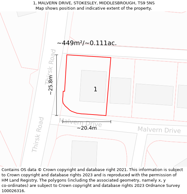 1, MALVERN DRIVE, STOKESLEY, MIDDLESBROUGH, TS9 5NS: Plot and title map