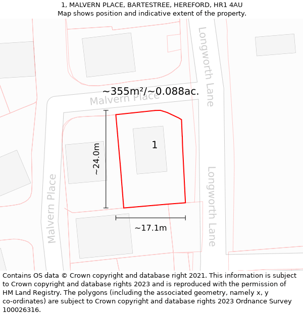 1, MALVERN PLACE, BARTESTREE, HEREFORD, HR1 4AU: Plot and title map