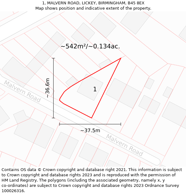 1, MALVERN ROAD, LICKEY, BIRMINGHAM, B45 8EX: Plot and title map