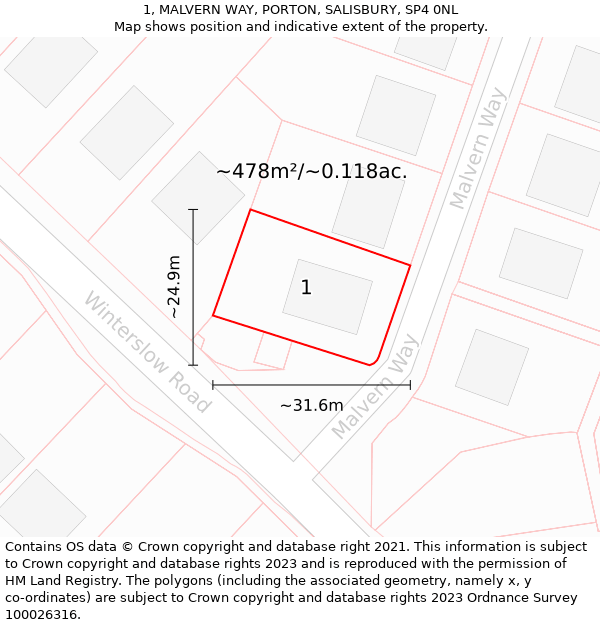 1, MALVERN WAY, PORTON, SALISBURY, SP4 0NL: Plot and title map