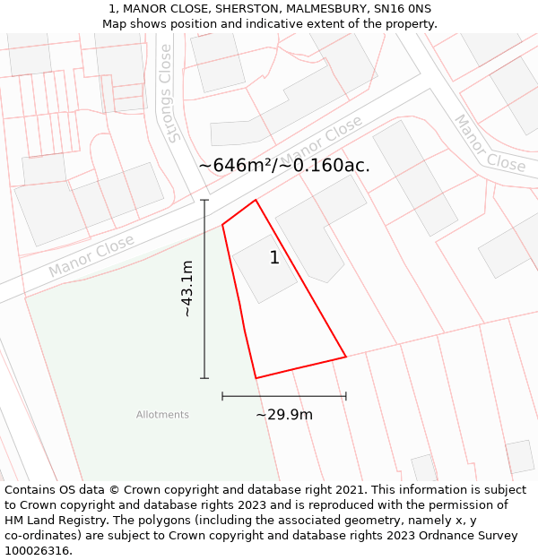 1, MANOR CLOSE, SHERSTON, MALMESBURY, SN16 0NS: Plot and title map