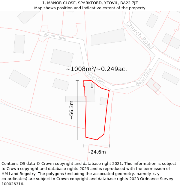 1, MANOR CLOSE, SPARKFORD, YEOVIL, BA22 7JZ: Plot and title map