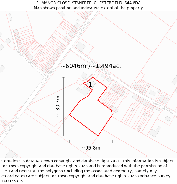 1, MANOR CLOSE, STANFREE, CHESTERFIELD, S44 6DA: Plot and title map