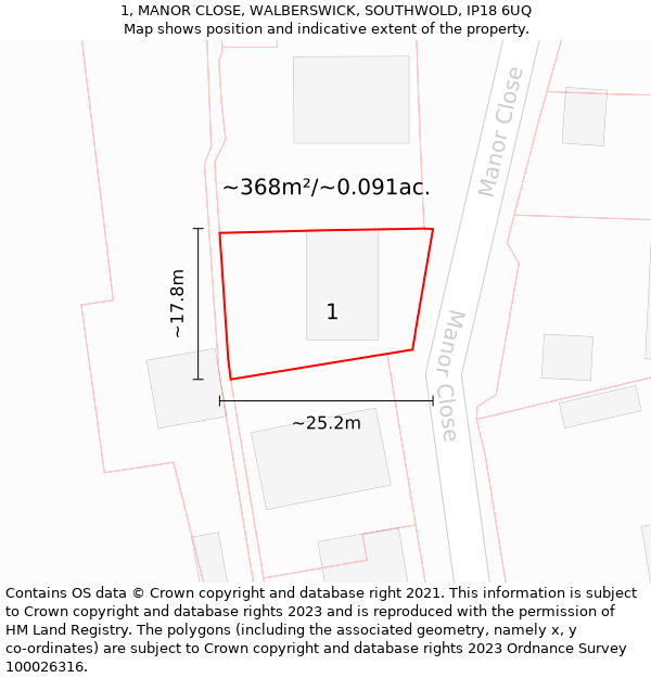 1, MANOR CLOSE, WALBERSWICK, SOUTHWOLD, IP18 6UQ: Plot and title map