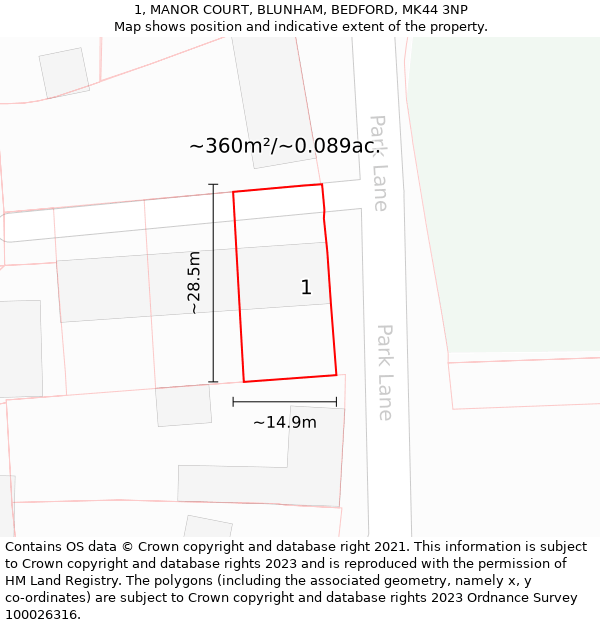 1, MANOR COURT, BLUNHAM, BEDFORD, MK44 3NP: Plot and title map