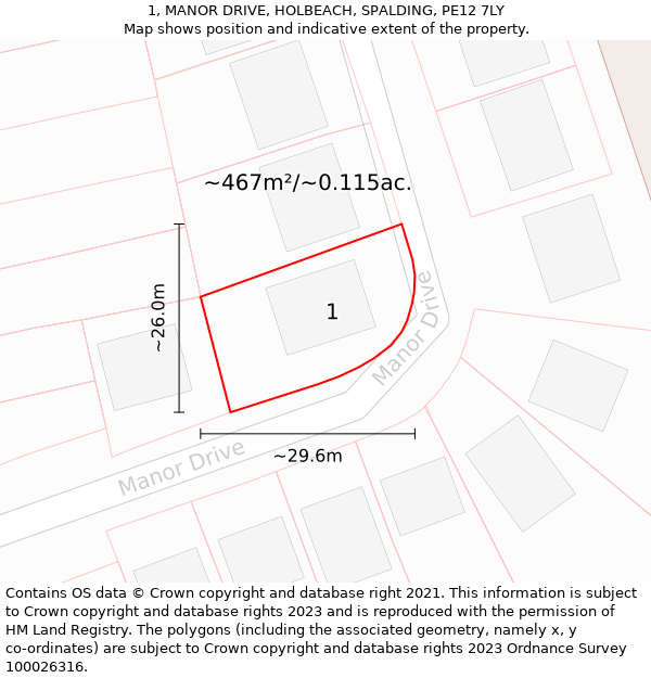 1, MANOR DRIVE, HOLBEACH, SPALDING, PE12 7LY: Plot and title map