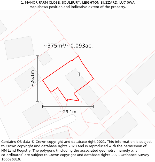 1, MANOR FARM CLOSE, SOULBURY, LEIGHTON BUZZARD, LU7 0WA: Plot and title map