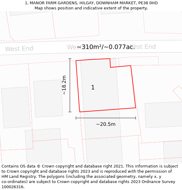 1, MANOR FARM GARDENS, HILGAY, DOWNHAM MARKET, PE38 0HD: Plot and title map