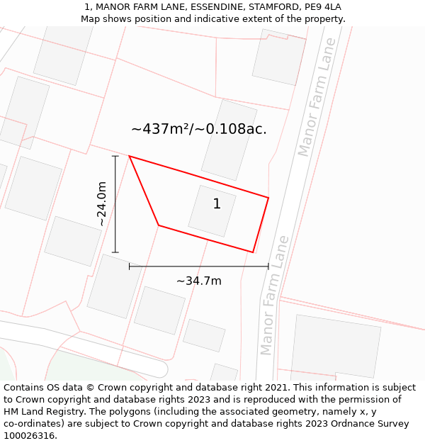 1, MANOR FARM LANE, ESSENDINE, STAMFORD, PE9 4LA: Plot and title map