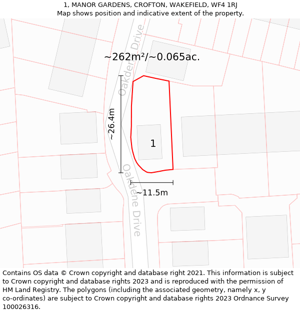 1, MANOR GARDENS, CROFTON, WAKEFIELD, WF4 1RJ: Plot and title map