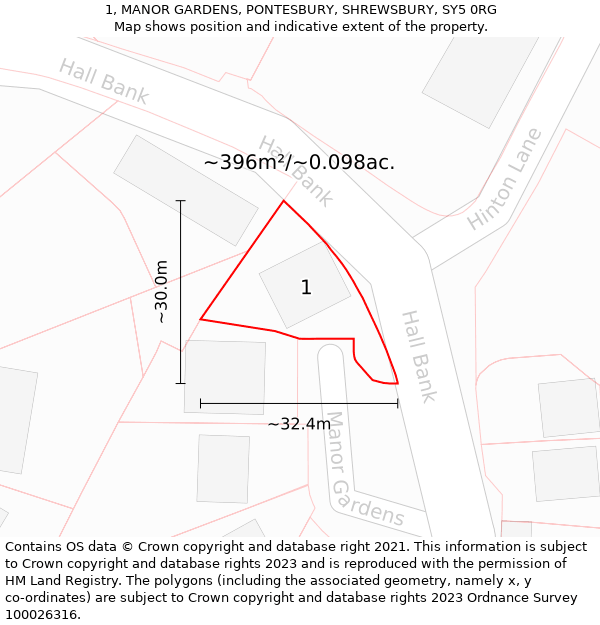 1, MANOR GARDENS, PONTESBURY, SHREWSBURY, SY5 0RG: Plot and title map