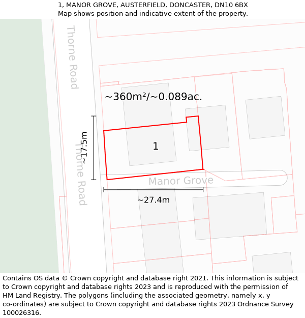1, MANOR GROVE, AUSTERFIELD, DONCASTER, DN10 6BX: Plot and title map