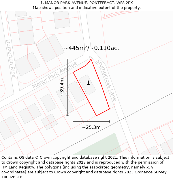 1, MANOR PARK AVENUE, PONTEFRACT, WF8 2PX: Plot and title map