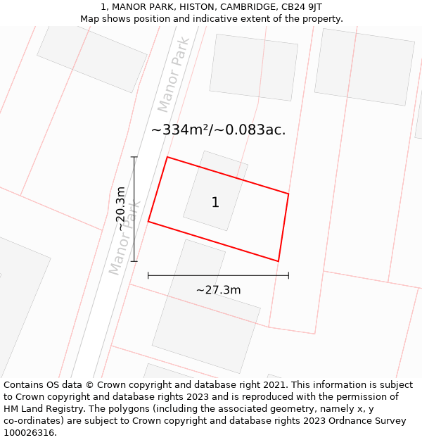 1, MANOR PARK, HISTON, CAMBRIDGE, CB24 9JT: Plot and title map