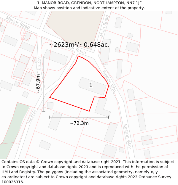 1, MANOR ROAD, GRENDON, NORTHAMPTON, NN7 1JF: Plot and title map