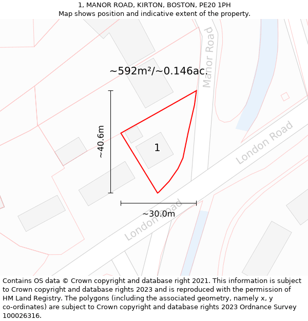 1, MANOR ROAD, KIRTON, BOSTON, PE20 1PH: Plot and title map