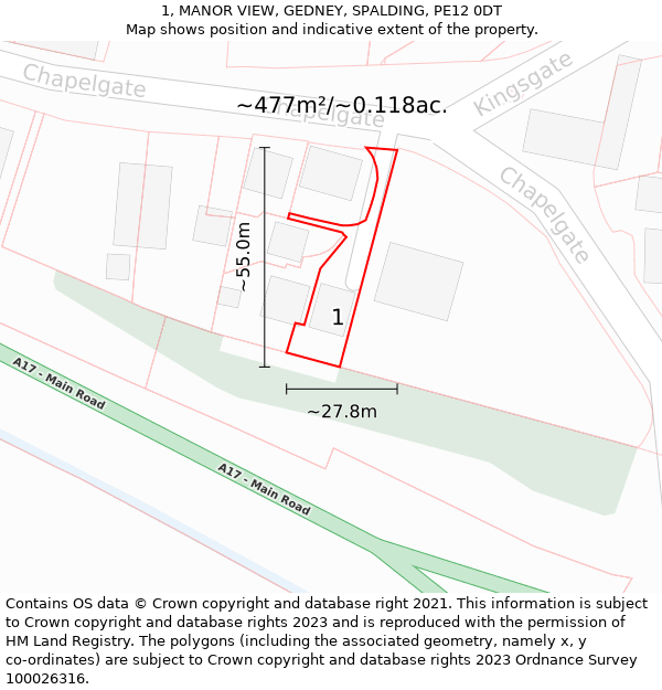 1, MANOR VIEW, GEDNEY, SPALDING, PE12 0DT: Plot and title map