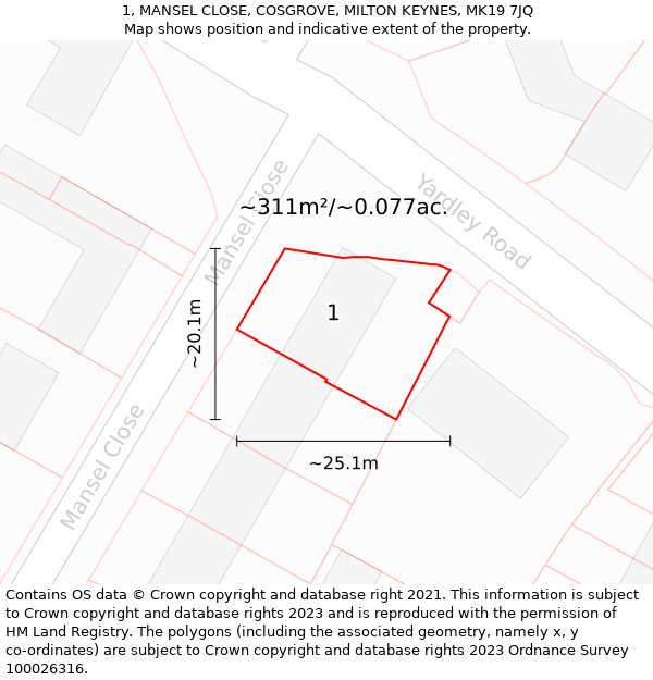 1, MANSEL CLOSE, COSGROVE, MILTON KEYNES, MK19 7JQ: Plot and title map