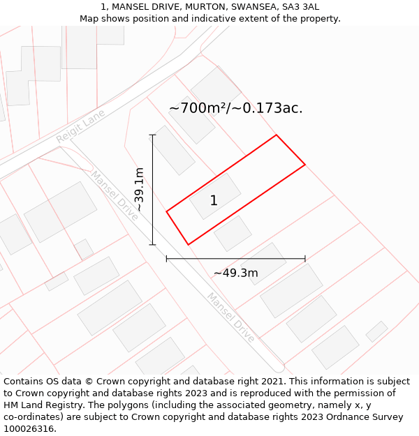 1, MANSEL DRIVE, MURTON, SWANSEA, SA3 3AL: Plot and title map