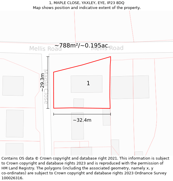 1, MAPLE CLOSE, YAXLEY, EYE, IP23 8DQ: Plot and title map