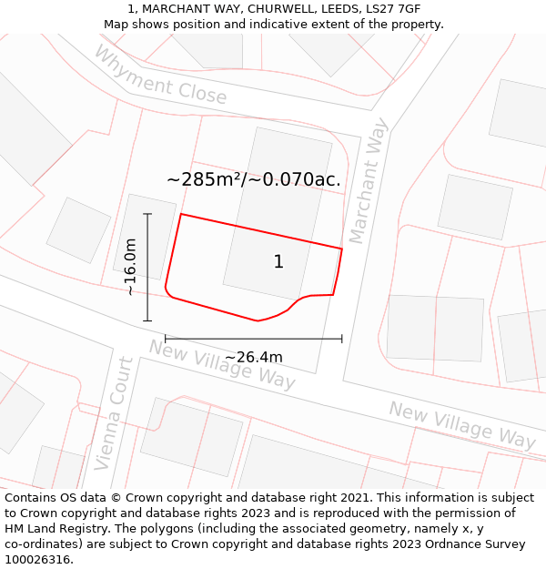 1, MARCHANT WAY, CHURWELL, LEEDS, LS27 7GF: Plot and title map