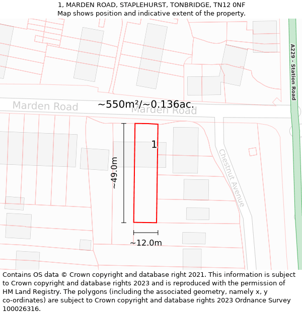 1, MARDEN ROAD, STAPLEHURST, TONBRIDGE, TN12 0NF: Plot and title map