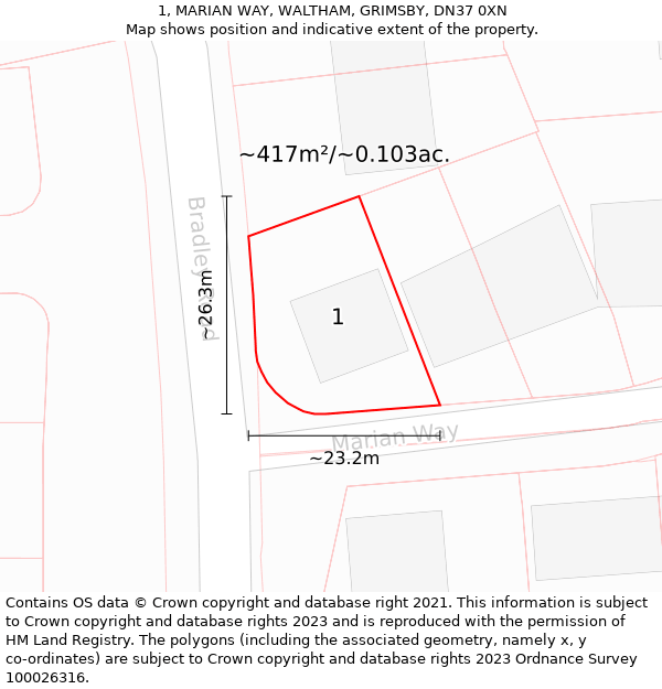 1, MARIAN WAY, WALTHAM, GRIMSBY, DN37 0XN: Plot and title map