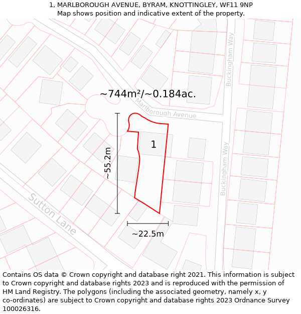 1, MARLBOROUGH AVENUE, BYRAM, KNOTTINGLEY, WF11 9NP: Plot and title map