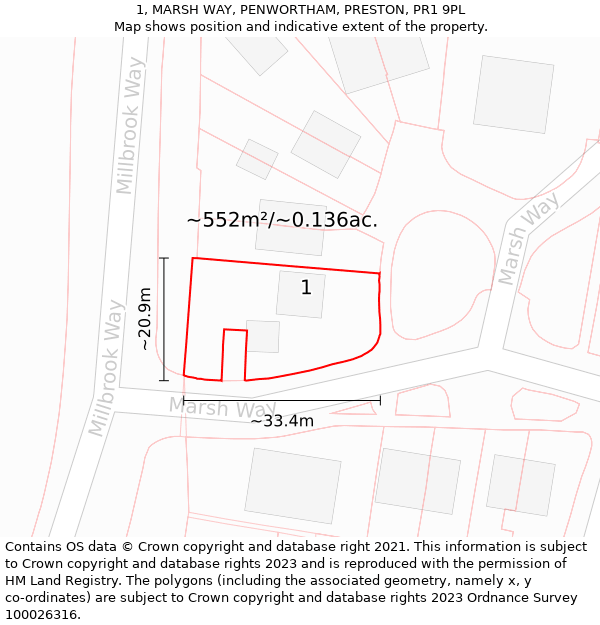 1, MARSH WAY, PENWORTHAM, PRESTON, PR1 9PL: Plot and title map