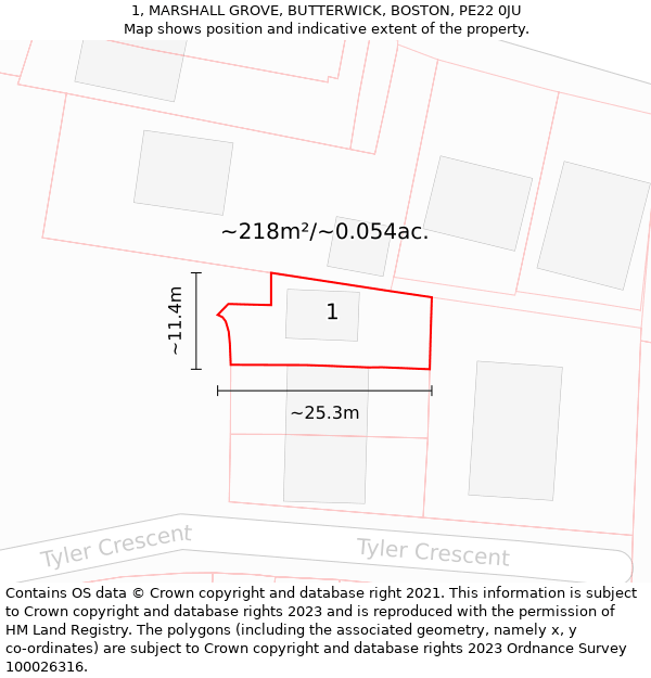 1, MARSHALL GROVE, BUTTERWICK, BOSTON, PE22 0JU: Plot and title map