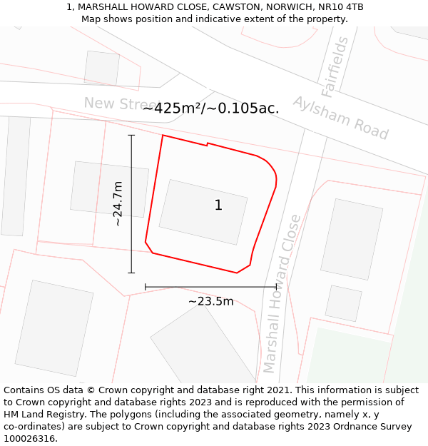 1, MARSHALL HOWARD CLOSE, CAWSTON, NORWICH, NR10 4TB: Plot and title map