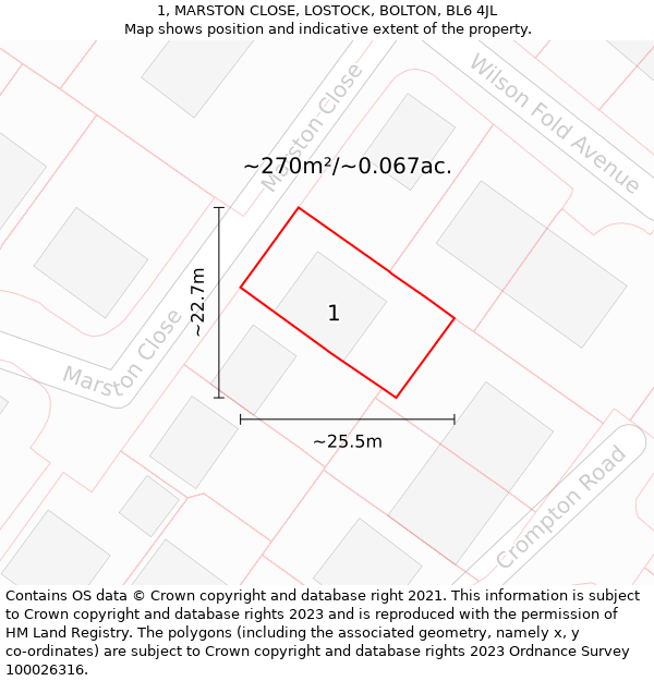 1, MARSTON CLOSE, LOSTOCK, BOLTON, BL6 4JL: Plot and title map