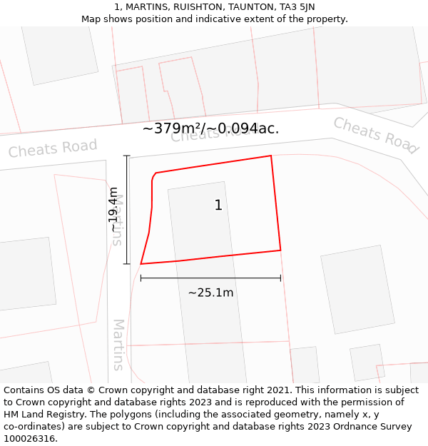 1, MARTINS, RUISHTON, TAUNTON, TA3 5JN: Plot and title map