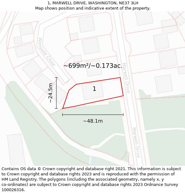 1, MARWELL DRIVE, WASHINGTON, NE37 3LH: Plot and title map