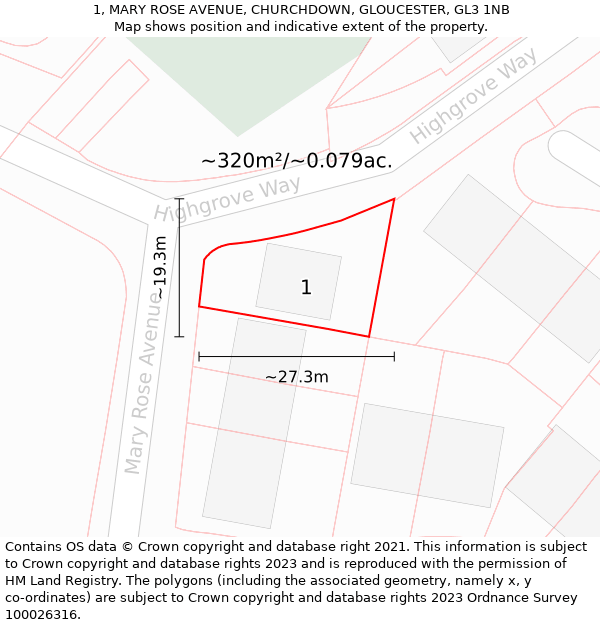 1, MARY ROSE AVENUE, CHURCHDOWN, GLOUCESTER, GL3 1NB: Plot and title map