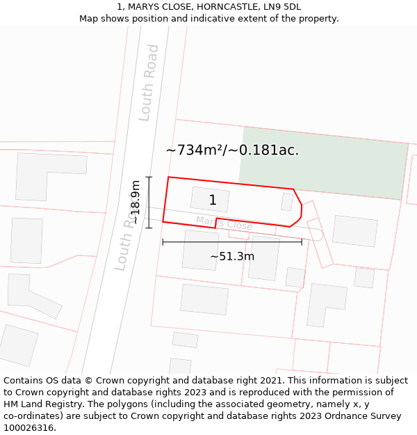 1, MARYS CLOSE, HORNCASTLE, LN9 5DL: Plot and title map