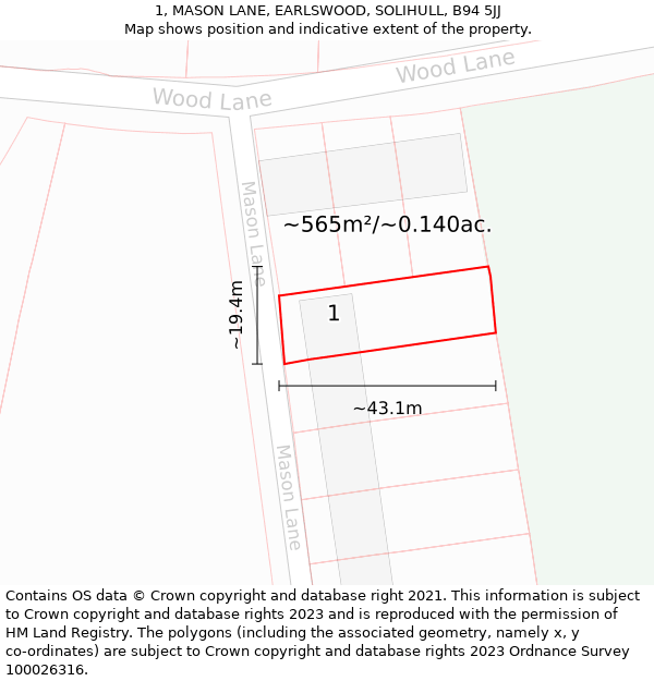 1, MASON LANE, EARLSWOOD, SOLIHULL, B94 5JJ: Plot and title map