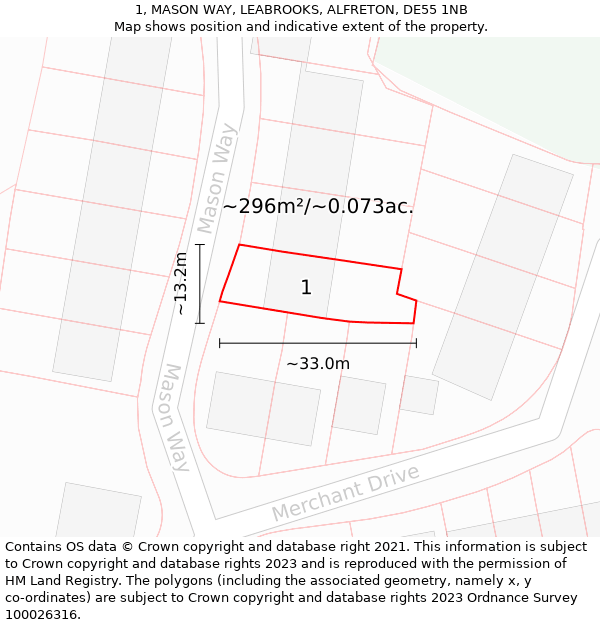 1, MASON WAY, LEABROOKS, ALFRETON, DE55 1NB: Plot and title map