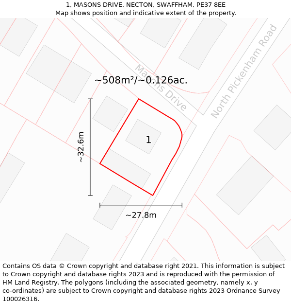 1, MASONS DRIVE, NECTON, SWAFFHAM, PE37 8EE: Plot and title map