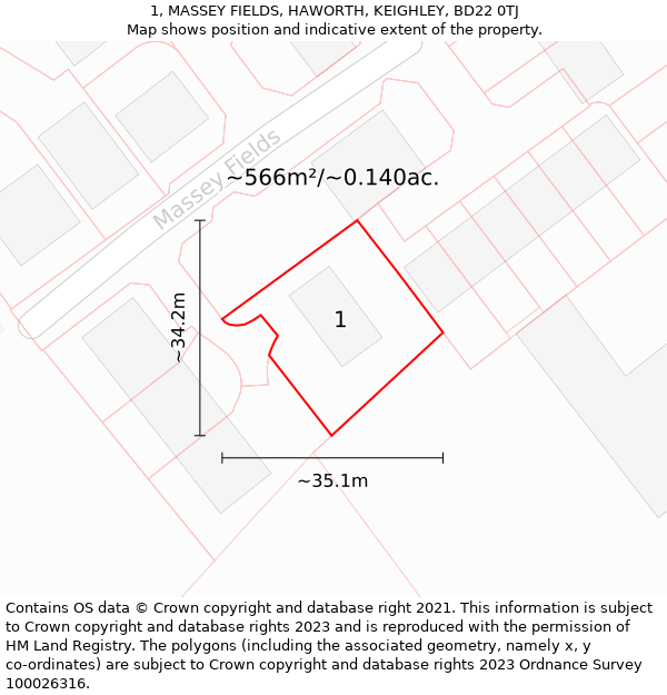 1, MASSEY FIELDS, HAWORTH, KEIGHLEY, BD22 0TJ: Plot and title map