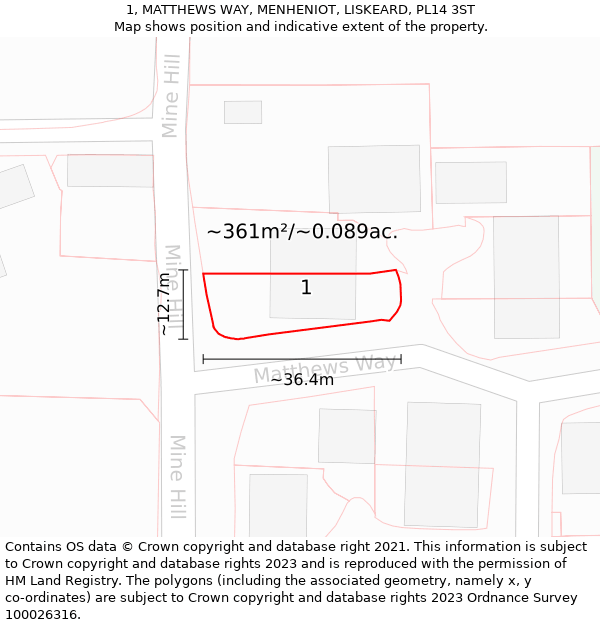 1, MATTHEWS WAY, MENHENIOT, LISKEARD, PL14 3ST: Plot and title map