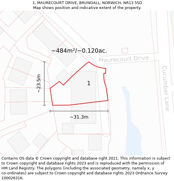 1, MAURECOURT DRIVE, BRUNDALL, NORWICH, NR13 5SD: Plot and title map